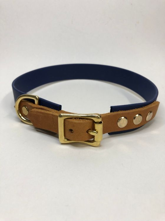 Biothane Halsband in Dunkelblau mit Fettleder. Halsumfang 46 - 47 cm