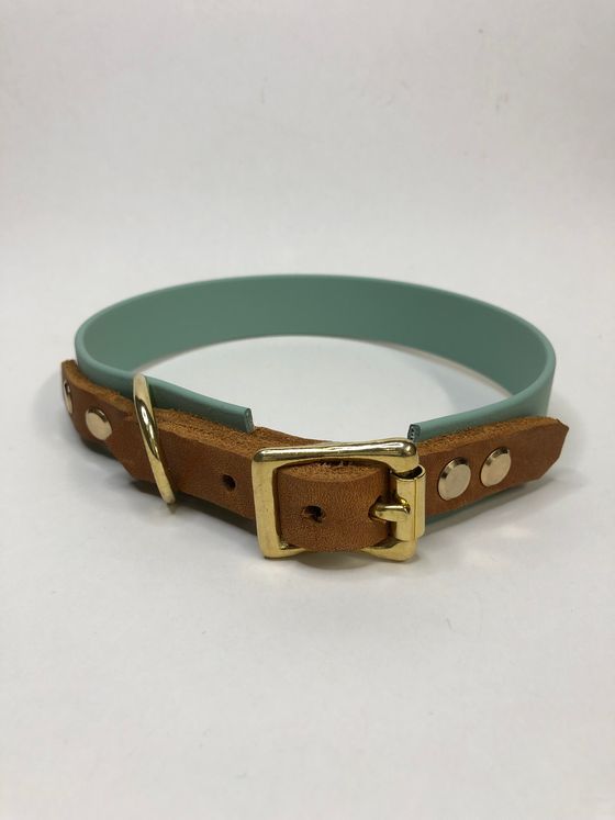 Biothane Halsband in Sagegrün mit Fettledr, Halsumfang 41 - 44 cm