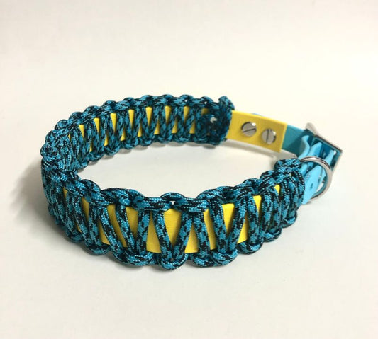 Biothane Halsband in Sonnengelb mit Paracord Umflechtung, Halsumfang 35 - 38 cm