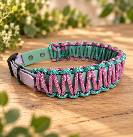 Biothane Halsband "Lace" mit Paracord Sagegrün/Flieder, HU 42-46 cm