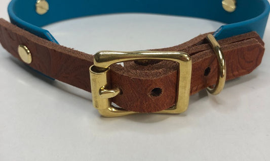 Biothane Halsband, Türkisblaumit Büffelleder und Takelung, Halsumfang 34 - 37 cm