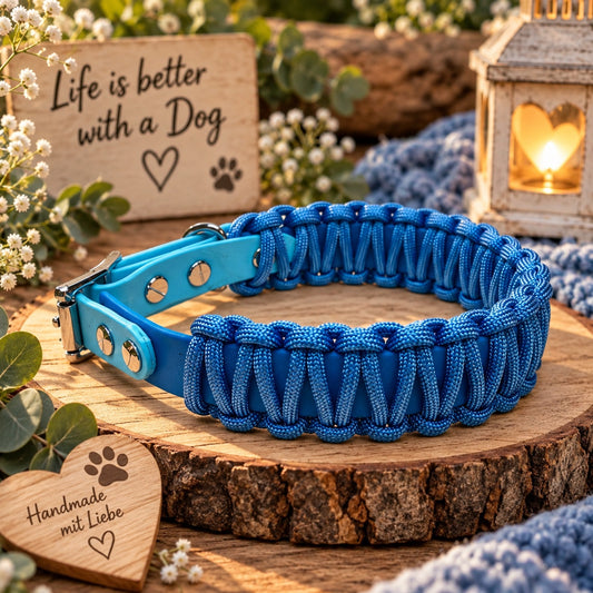 Biothane Halsband "Lace" mit Paracord, Hellblau/Skyblau, HU 31-35 cm