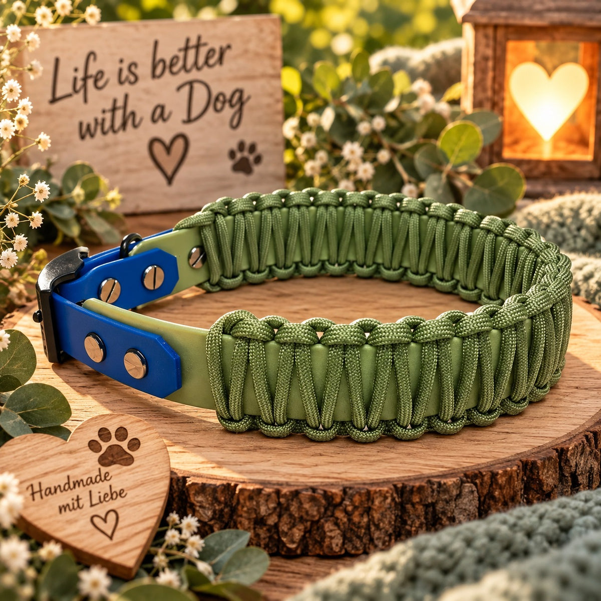 Biothane Halsband "Lace" mit Paracord, Guacamole/Dunkelblau, HU 41-44 cm