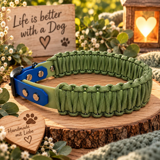 Biothane Halsband "Lace" mit Paracord, Guacamole/Dunkelblau, HU 41-44 cm